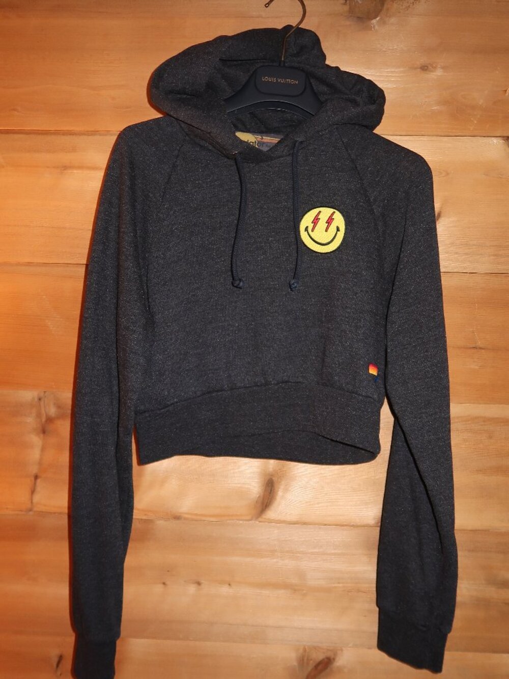 RARE Aviator Nation Black Smiley Bolt Eyes Cropped Hoodie